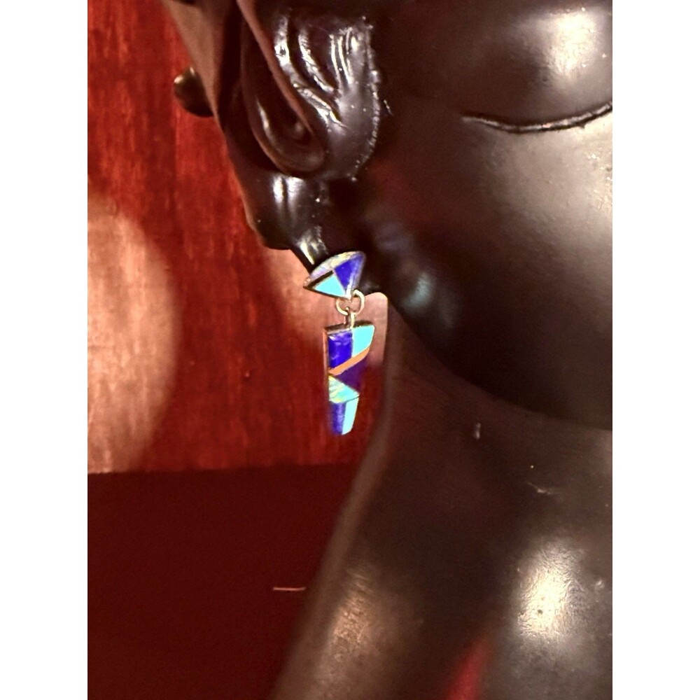 Vintage Sterling Native American Inlay Geometric Dangle Earrings Signed PP
